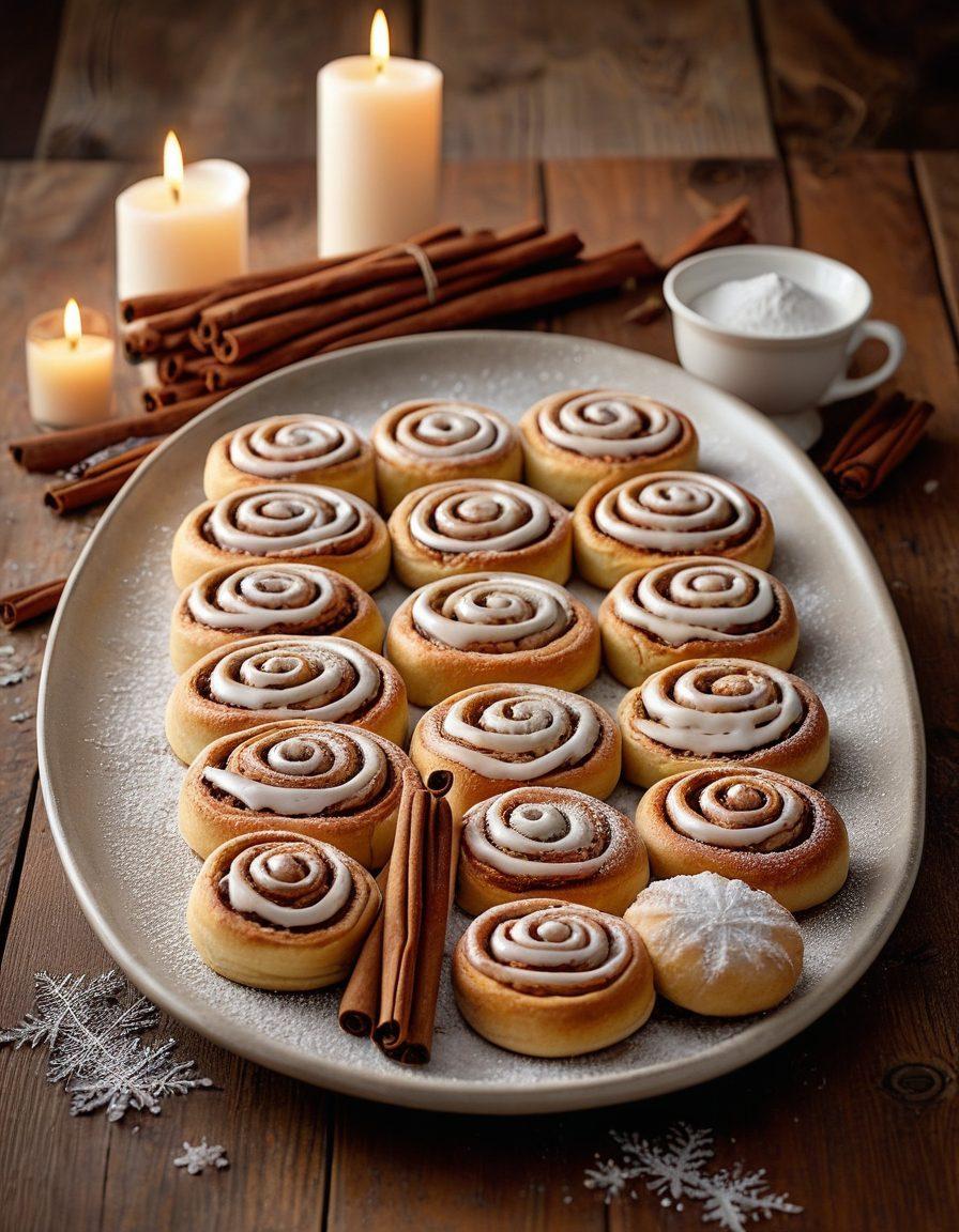 A beautifully arranged display of assorted cinnamon treats, including elegant cinnamon rolls, dusted with powdered sugar, and intricately shaped cookies, surrounded by cinnamon sticks and a sprinkle of ground cinnamon. The scene is warmly lit with a rustic wood background, evoking a cozy baking atmosphere. Gentle steam rises from a freshly baked pie, while delicate pastel-colored plates add an aesthetic touch. super-realistic. warm colors. rustic style.